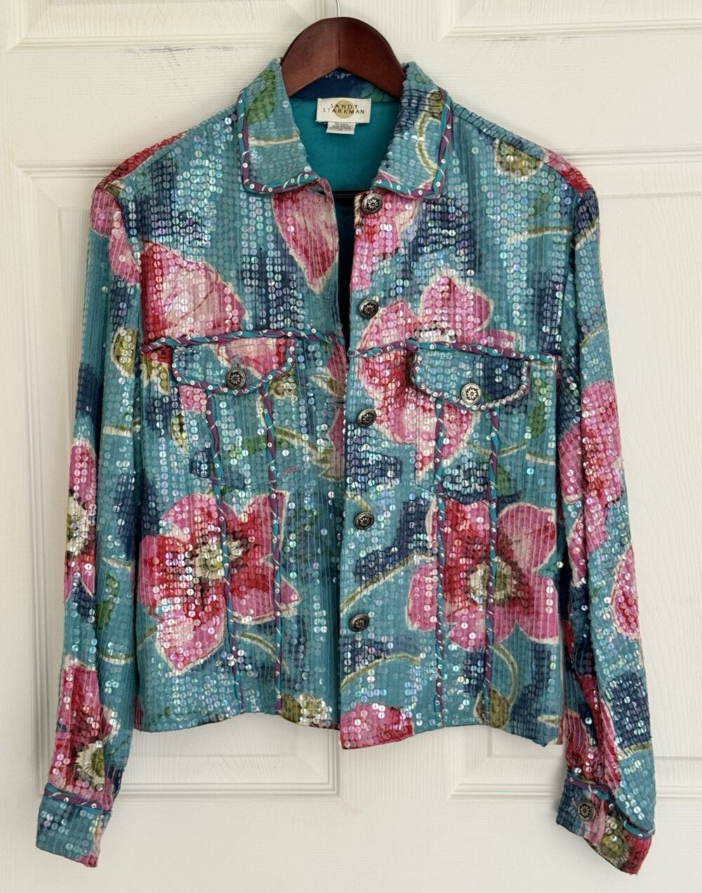Sandy Starkman Iridescent Sequin Blue Pink Floral Button Down Jacket Sz XL